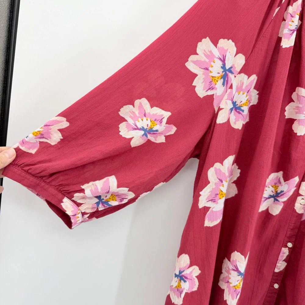 Old Navy Floral Casual Blouse Women 3X Plus Burgundy Red Boho Cotton Gauze